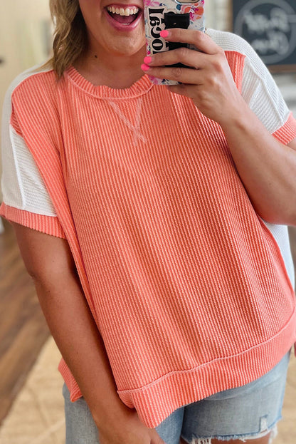 Plus Size Twist Rib Colorblock Hi Low Short Sleeve Top - Plus Size XL-4XL - View 8
