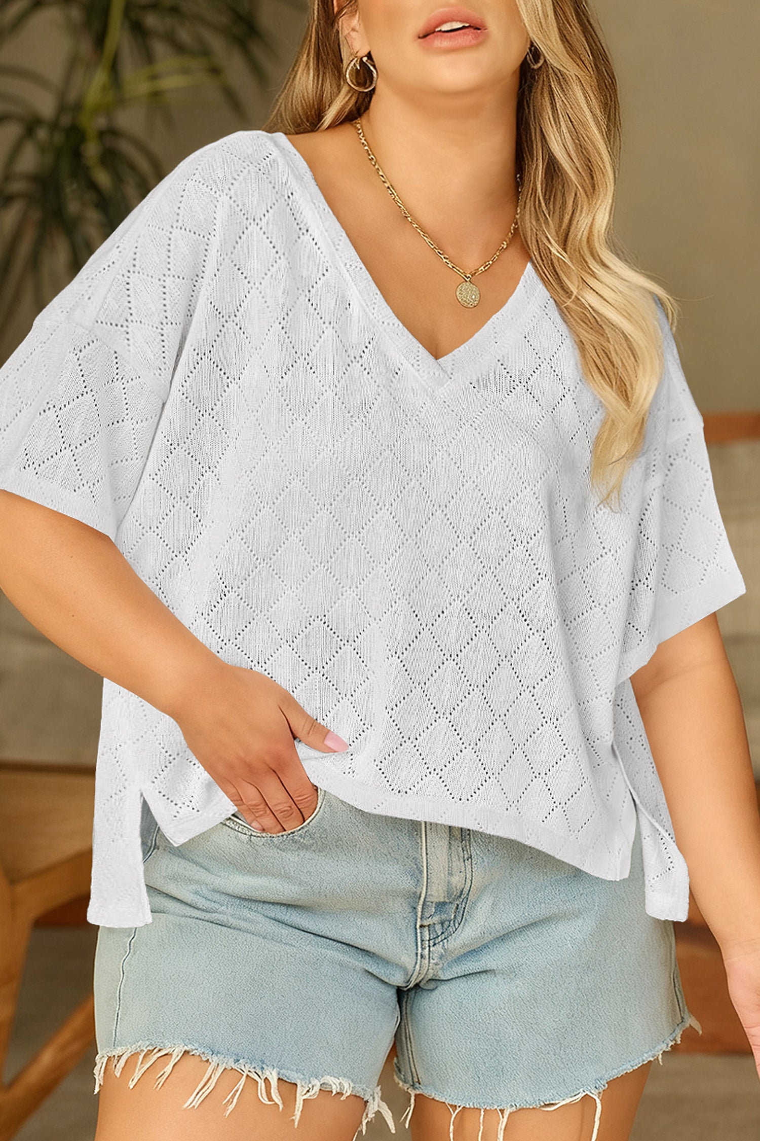 Plus Size Pointelle Rhombus Knit V-Neck Loose Top - Plus Size XL-4XL - View 1