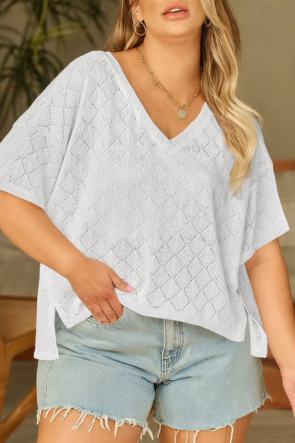 Plus Size Pointelle Rhombus Knit V-Neck Loose Top - Plus Size XL-4XL - View 1