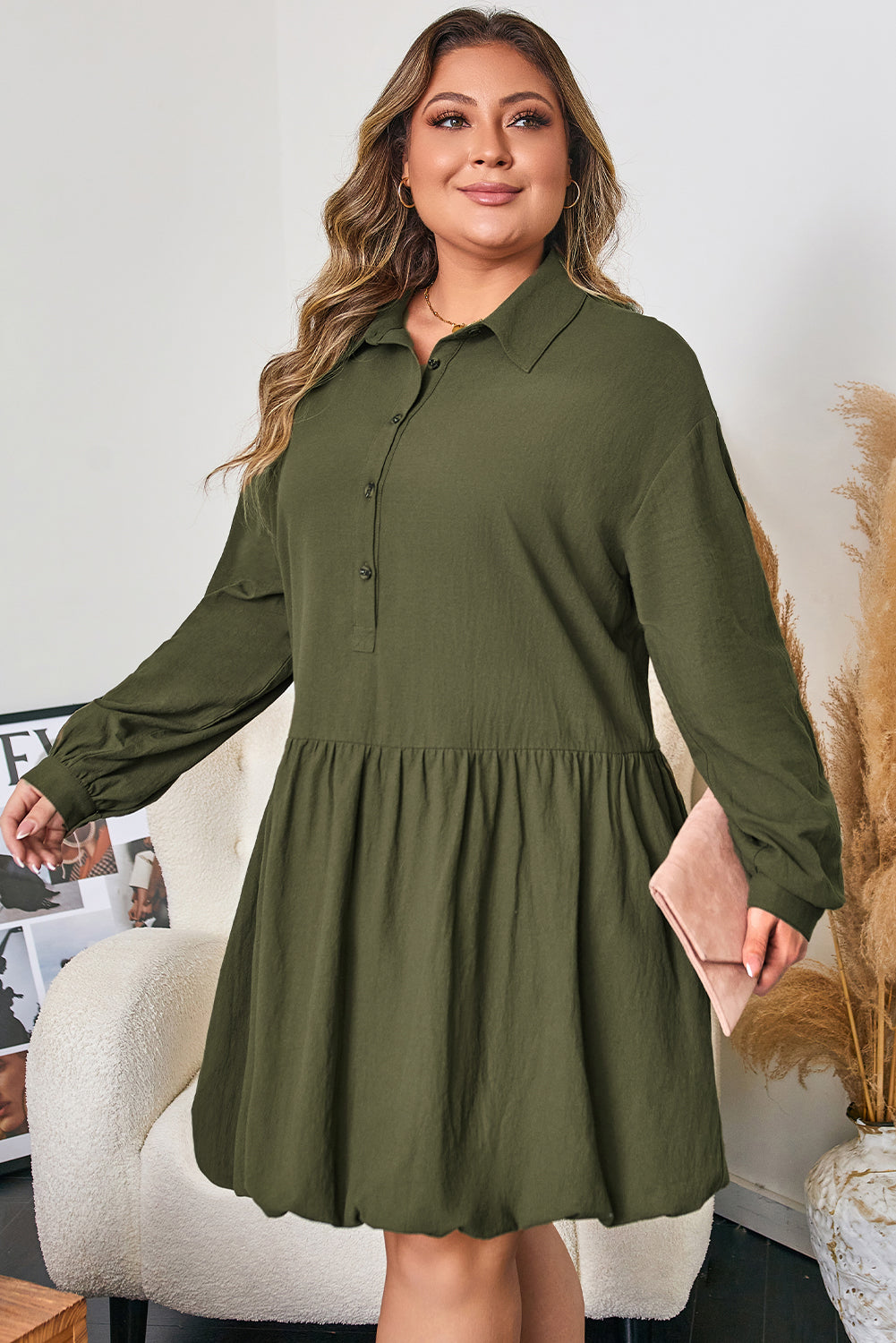 Plus Size Collar Half Button Long Sleeve Mini Dress - Plus Size XL-4XL - View 3