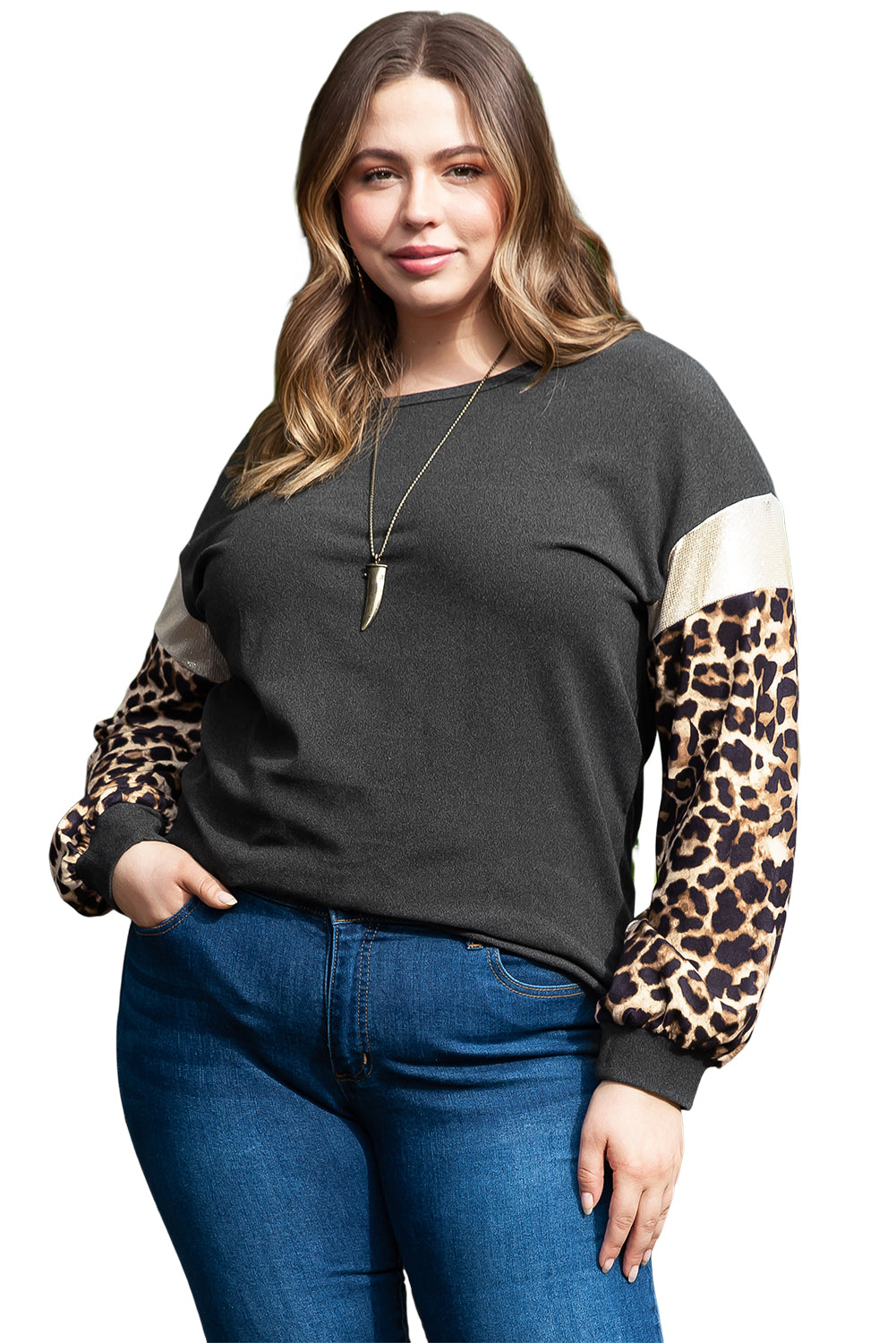 Plus Size Leopard Sequin Long Sleeve Top