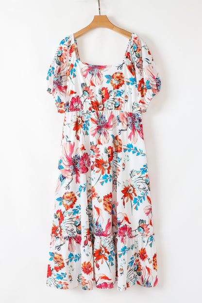 Plus Size White Floral Square Neck Puff Sleeve Midi Dress - Plus Size Clothing