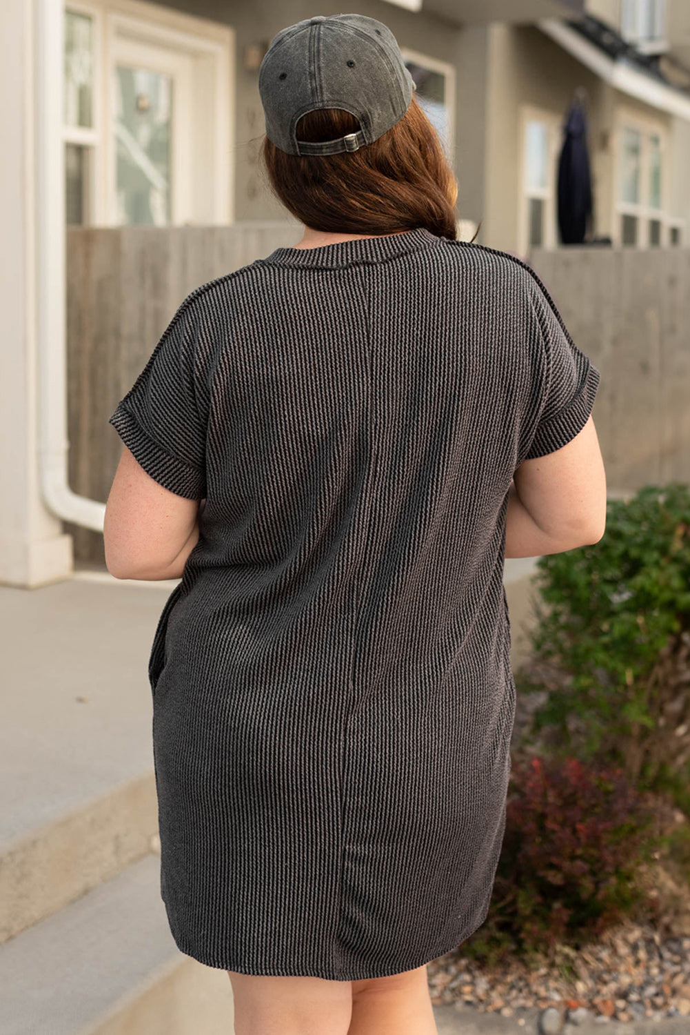 Plus Size Corded V Neck T Shirt Dress with Pockets - Plus Size XL-4XL - View 2