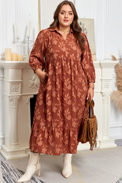 Plus Size Textured 3D Floral Ruffle Hem Long Dress - Plus Size XL-4XL - View 1