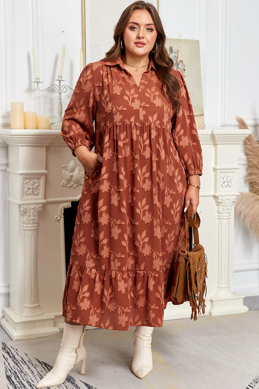 Plus Size Textured 3D Floral Ruffle Hem Long Dress - Plus Size XL-4XL - View 1