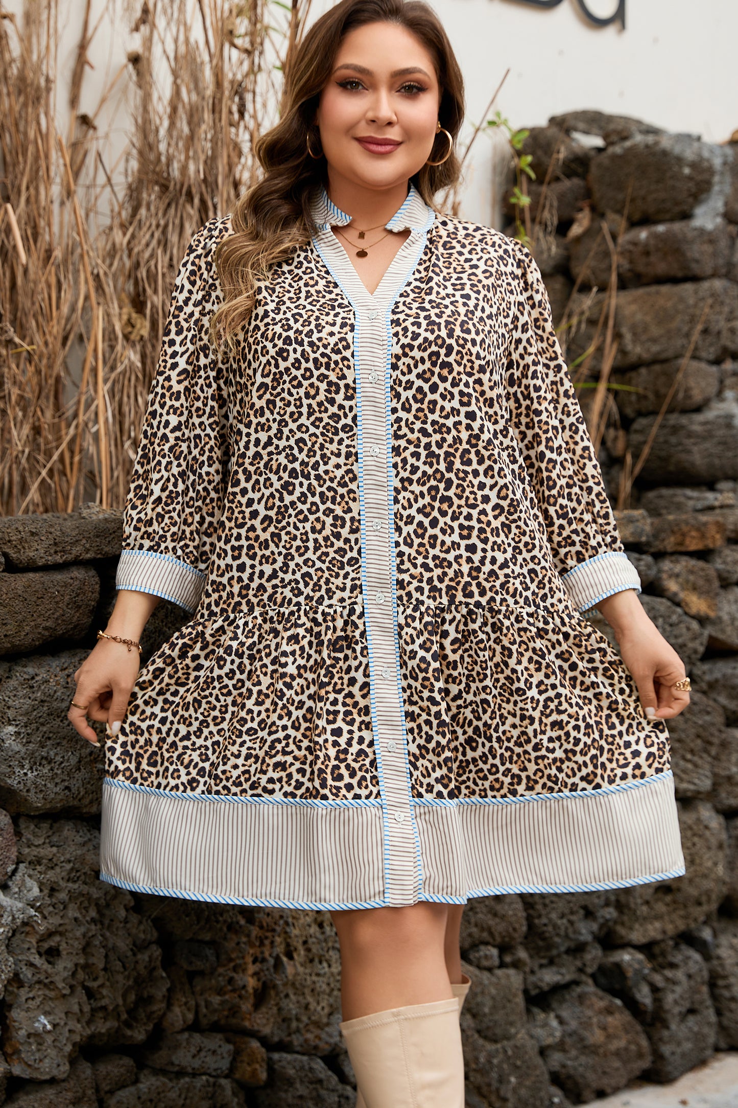 Plus Size Leopard Print Striped Trim V Neck Drop Waist Mini Dress - Plus Size XL-4XL - View 3