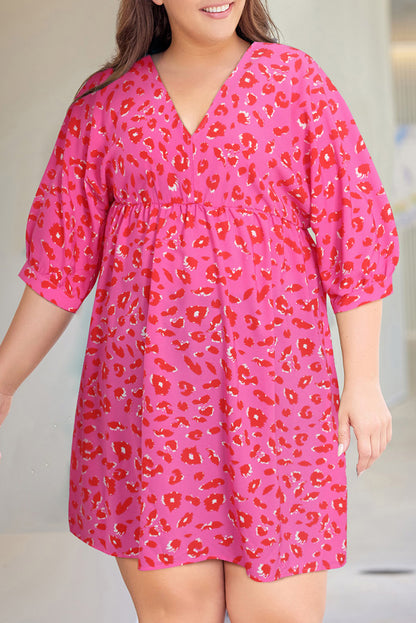 Plus Size 3/4 Sleeve V-Neck Leopard Babydoll Dress