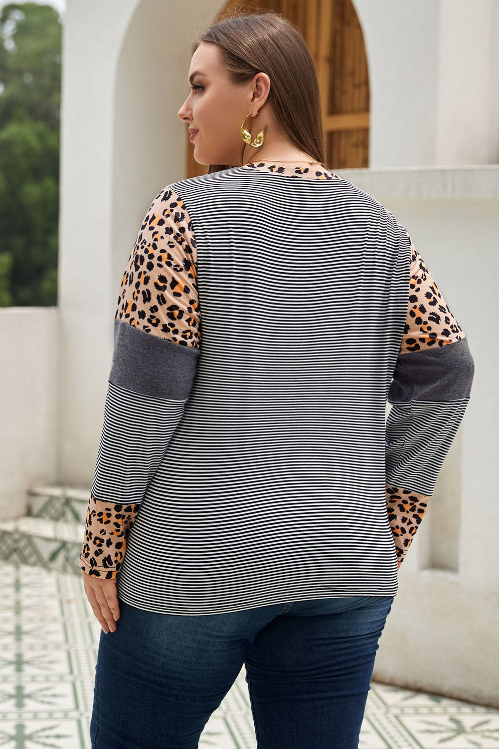 Plus Size Leopard Patchwork Long Sleeve Tee