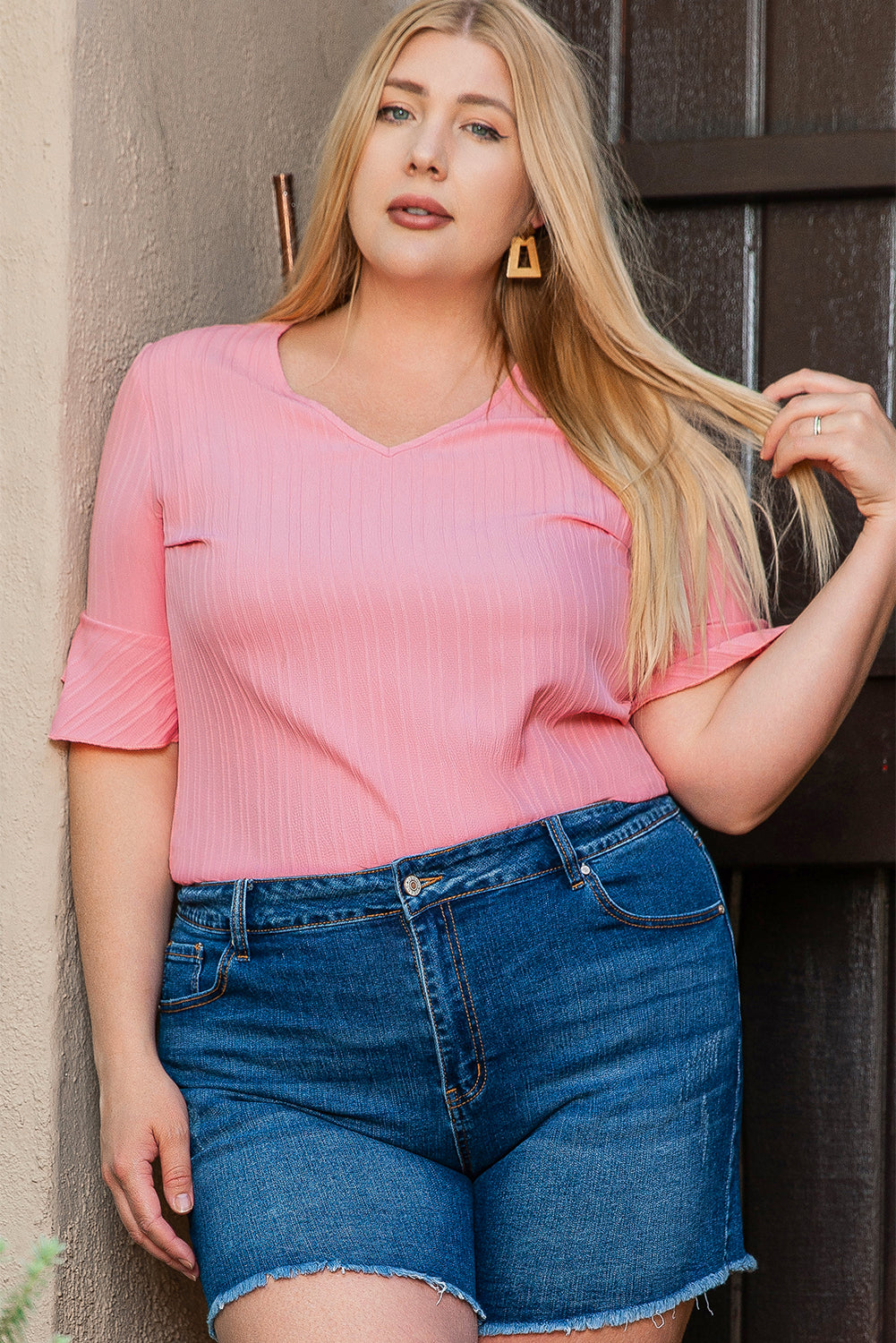 Plus Size Ruffled V Neck Textured Top