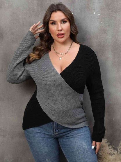 plus-size-two-tone-surplice-neck-sweater