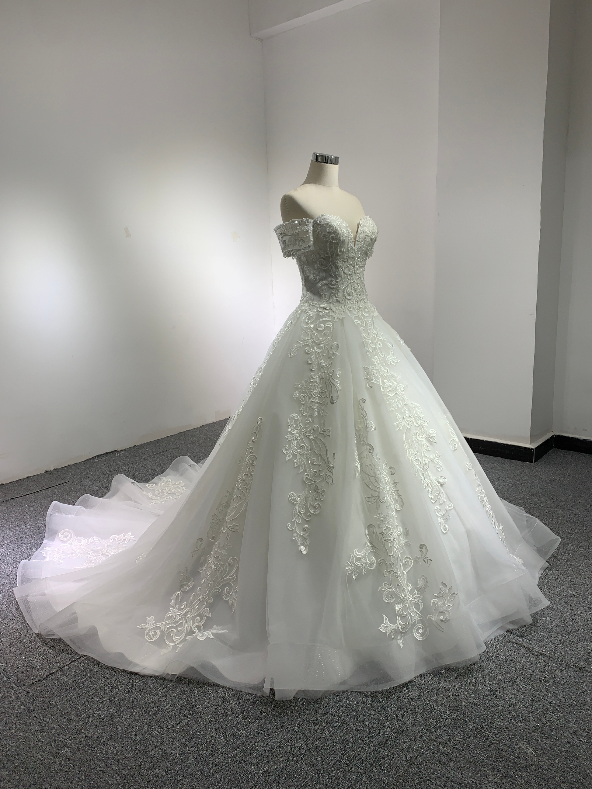BYG chapel train off the shoulder lace wedding gown Ball gown wedding dress BYG Wedding Factory 