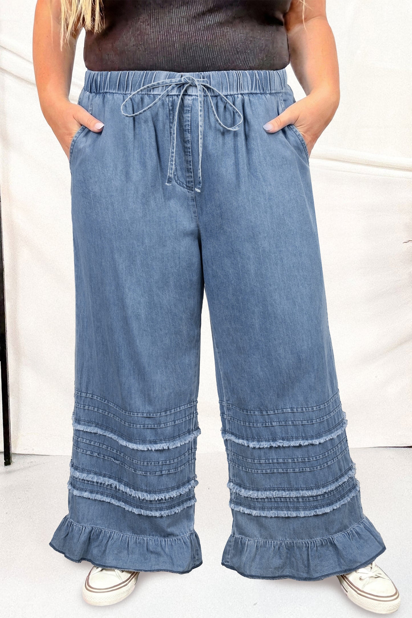 Plus Size Tiered Ruffled Wide Leg Denim Pants — front view