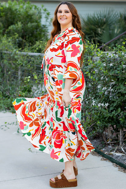 Plus Size Orange Floral Print Drawstring V Neck Tiered Dress - Plus Size XL-4XL - View 5