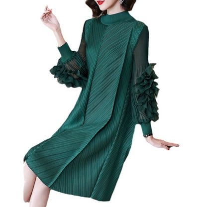 Elegant High-Quality Maternity Elastic Plus-Size Stand-Up Collar Knee-Length Heavyweight Pleated Dress for Women - Plus Size Clothing