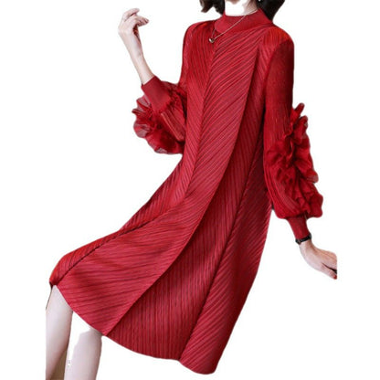 Elegant High-Quality Maternity Elastic Plus-Size Stand-Up Collar Knee-Length Heavyweight Pleated Dress for Women - Plus Size Clothing