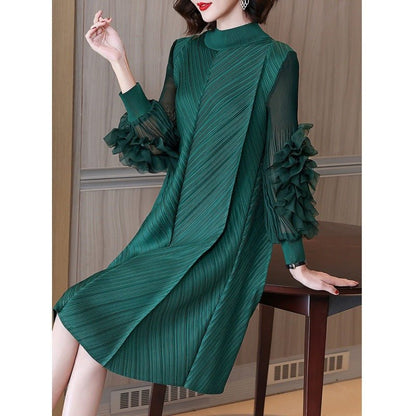 Elegant High-Quality Maternity Elastic Plus-Size Stand-Up Collar Knee-Length Heavyweight Pleated Dress for Women - Plus Size Clothing