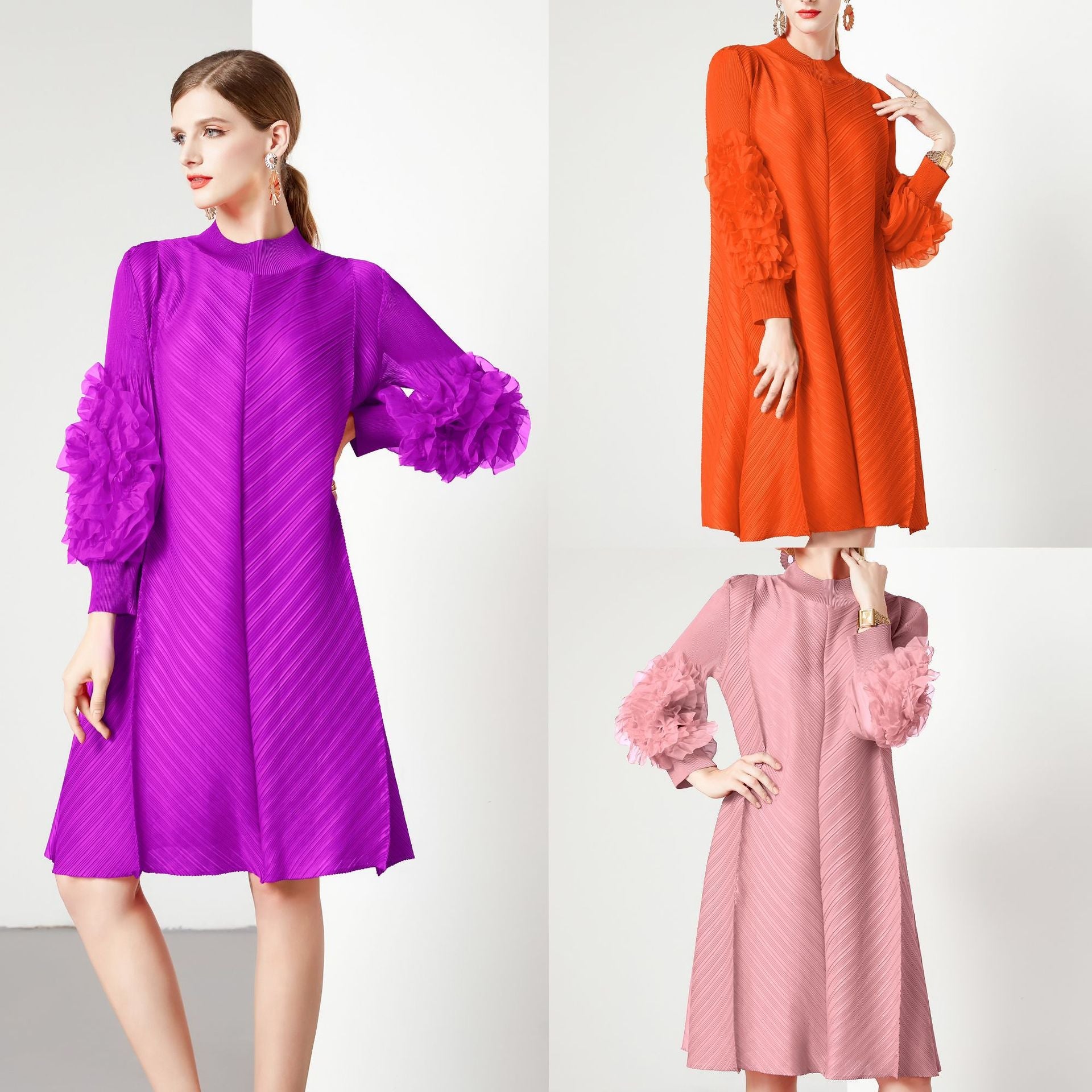Elegant High-Quality Maternity Elastic Plus-Size Stand-Up Collar Knee-Length Heavyweight Pleated Dress for Women - Plus Size Clothing