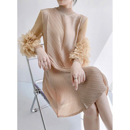 Elegant High-Quality Maternity Elastic Plus-Size Stand-Up Collar Knee-Length Heavyweight Pleated Dress for Women - Plus Size Clothing