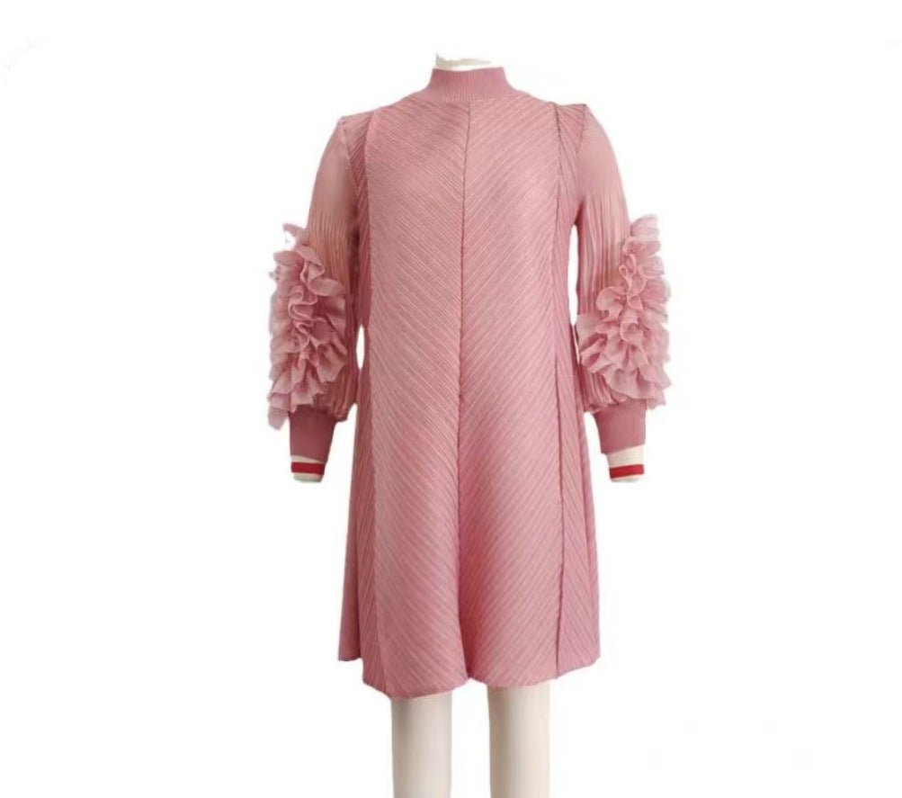 Elegant High-Quality Maternity Elastic Plus-Size Stand-Up Collar Knee-Length Heavyweight Pleated Dress for Women - Plus Size Clothing