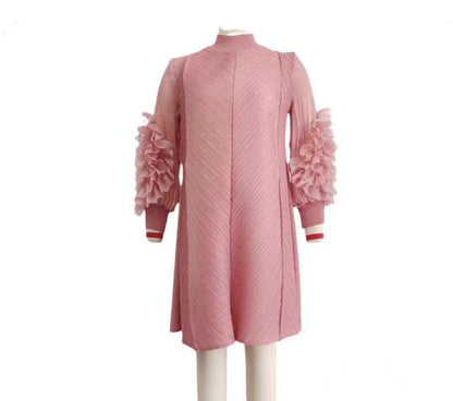Elegant High-Quality Maternity Elastic Plus-Size Stand-Up Collar Knee-Length Heavyweight Pleated Dress for Women - Plus Size Clothing