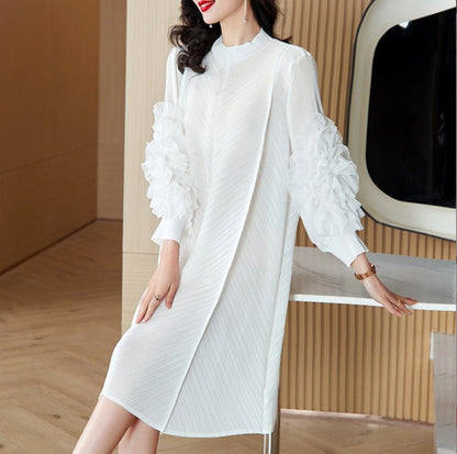 Elegant High-Quality Maternity Elastic Plus-Size Stand-Up Collar Knee-Length Heavyweight Pleated Dress for Women - Plus Size Clothing