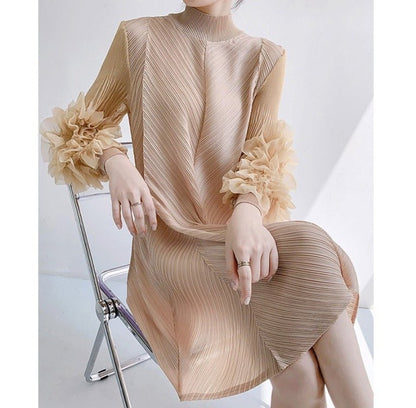 Elegant High-Quality Maternity Elastic Plus-Size Stand-Up Collar Knee-Length Heavyweight Pleated Dress for Women - Plus Size Clothing
