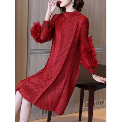Elegant High-Quality Maternity Elastic Plus-Size Stand-Up Collar Knee-Length Heavyweight Pleated Dress for Women - Plus Size Clothing