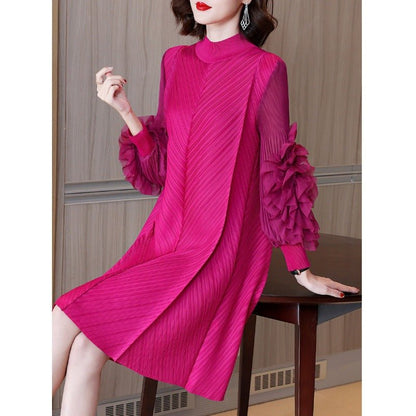 Elegant High-Quality Maternity Elastic Plus-Size Stand-Up Collar Knee-Length Heavyweight Pleated Dress for Women - Plus Size Clothing