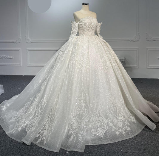 Embellished Beading Lace Off-shoulder Long sleeves Ball Gown - Plus Size Clothing