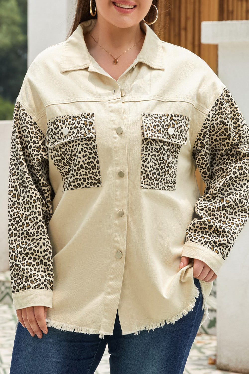 Plus Size Leopard Print Denim Jacket