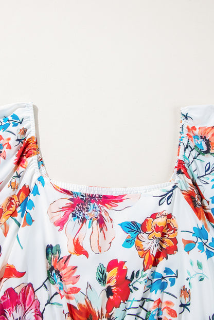 Plus Size White Floral Square Neck Puff Sleeve Midi Dress - Plus Size Clothing