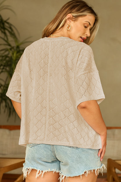 Plus Size Pointelle Rhombus Knit V-Neck Loose Top - Plus Size XL-4XL - View 8