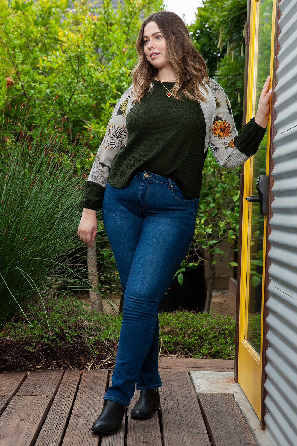 Plus Size Floral Raglan Colorblock Patchwork Knit Blouse