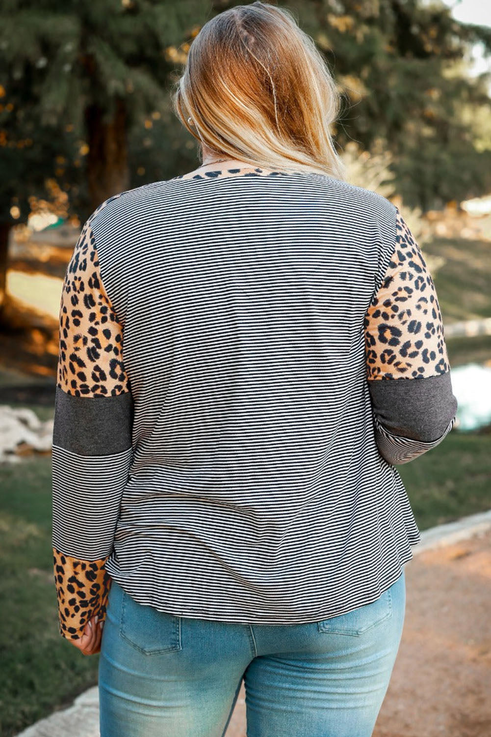 Plus Size Leopard Patchwork Long Sleeve Tee