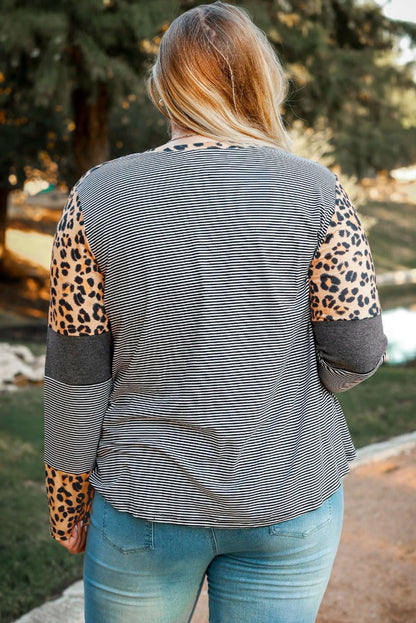 Plus Size Leopard Patchwork Long Sleeve Tee - Plus Size XL-4XL - View 8