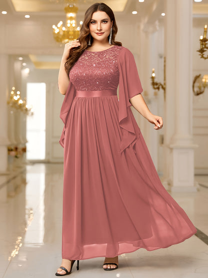 Elegant Lace-Trimmed Chiffon Maxi Dress with Butterfly Sleeves - Plus Size Clothing