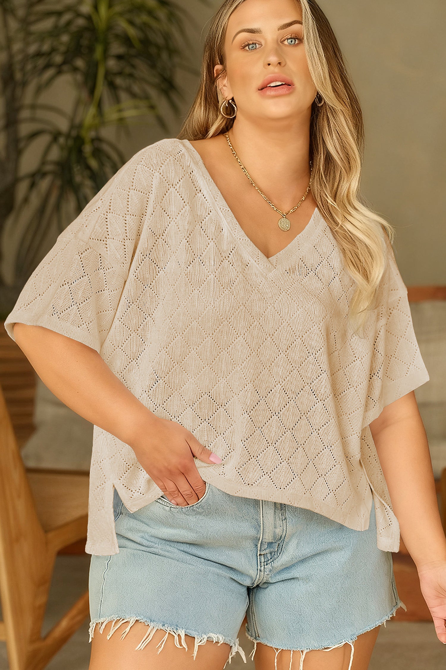 Plus Size Pointelle Rhombus Knit V-Neck Loose Top - Plus Size XL-4XL - View 9