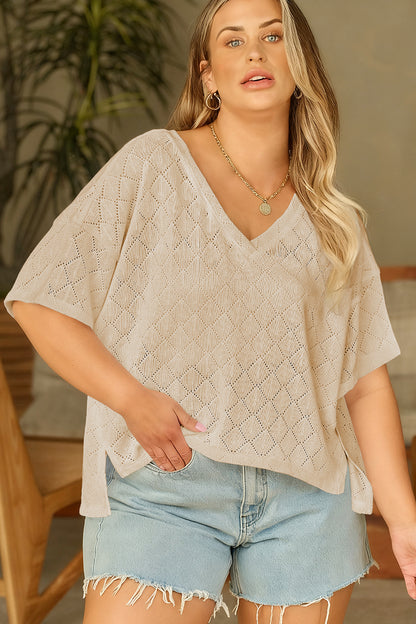 Plus Size Pointelle Rhombus Knit V-Neck Loose Top - Plus Size XL-4XL - View 9