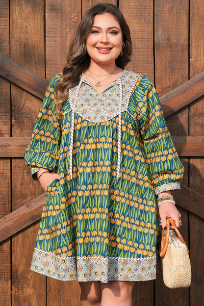 Plus Size Mixed Floral Print Striped Trim Mini Dress - Plus Size XL-4XL - View 6