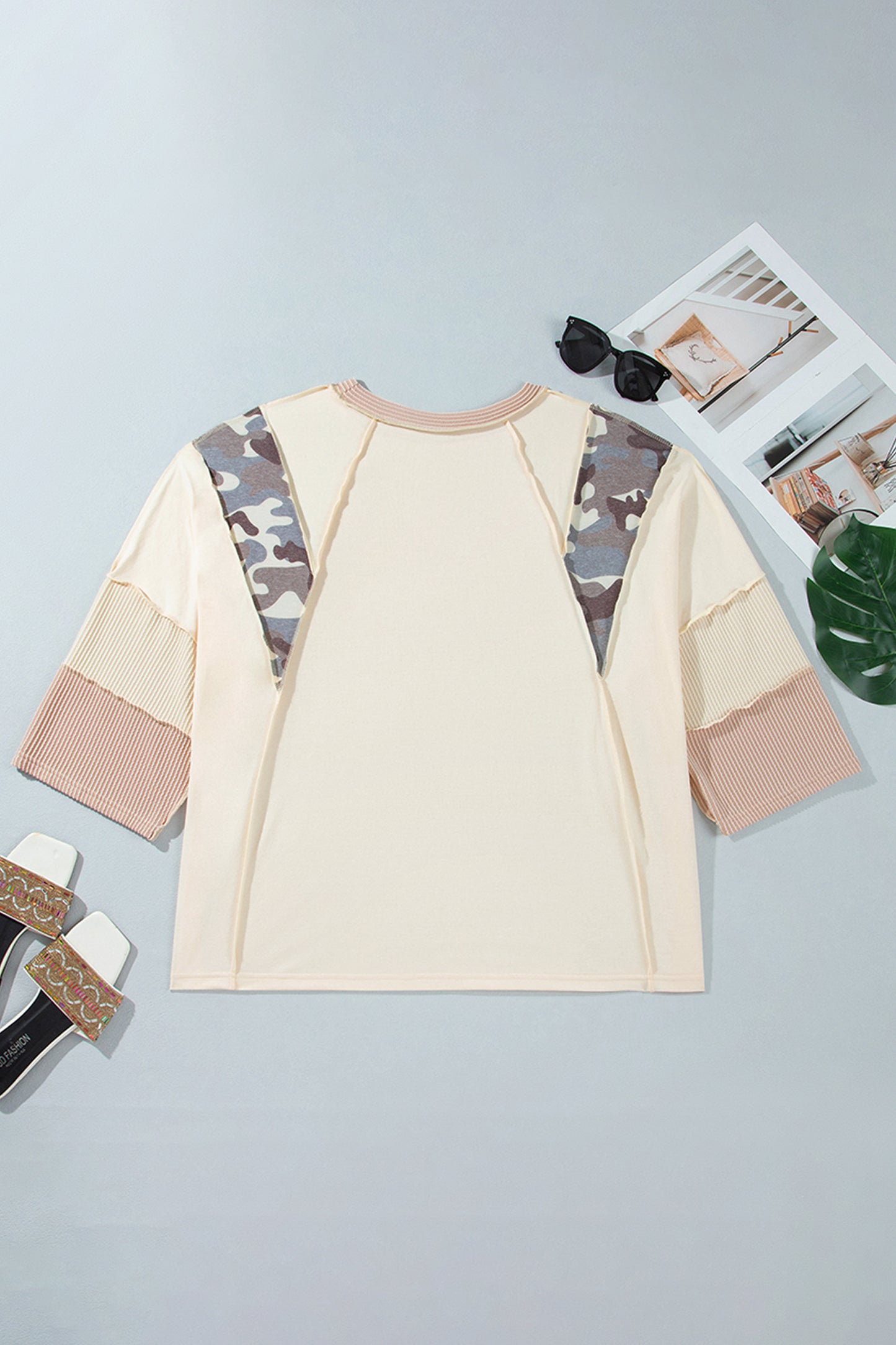 Plus Size Camo Panel Twist Rib Sleeve Blouse - Plus Size Clothing