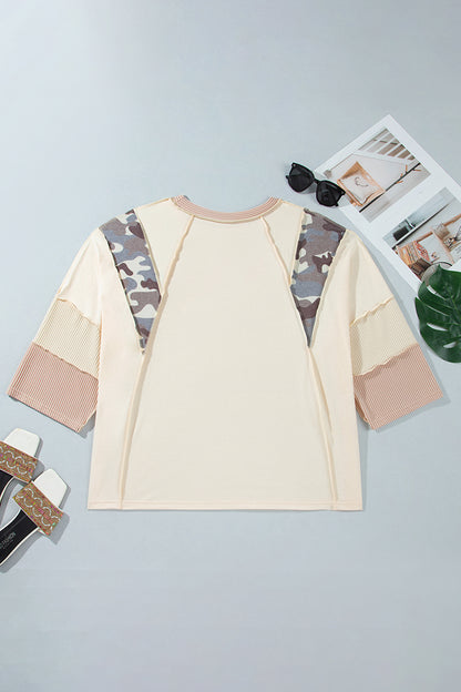 Plus Size Camo Panel Twist Rib Sleeve Blouse - Plus Size Clothing