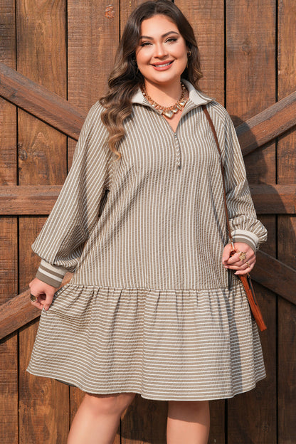 Plus Size Zip Up Collared Puff Sleeve Ruffled Mini Dress - Plus Size XL-4XL - View 5