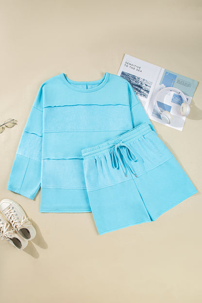 Plus Size Solid Splicing Raw Hem Pullover Top Shorts Set - Plus Size XL-4XL - View 8
