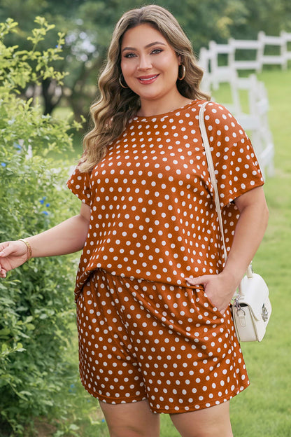 Plus Size Polka Dot Dropped Shoulder Tee Short Set - Plus Size XL-4XL - View 3