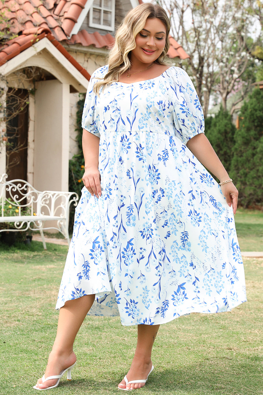 Plus Size Floral Print Sweetheart Neck Midi Dress