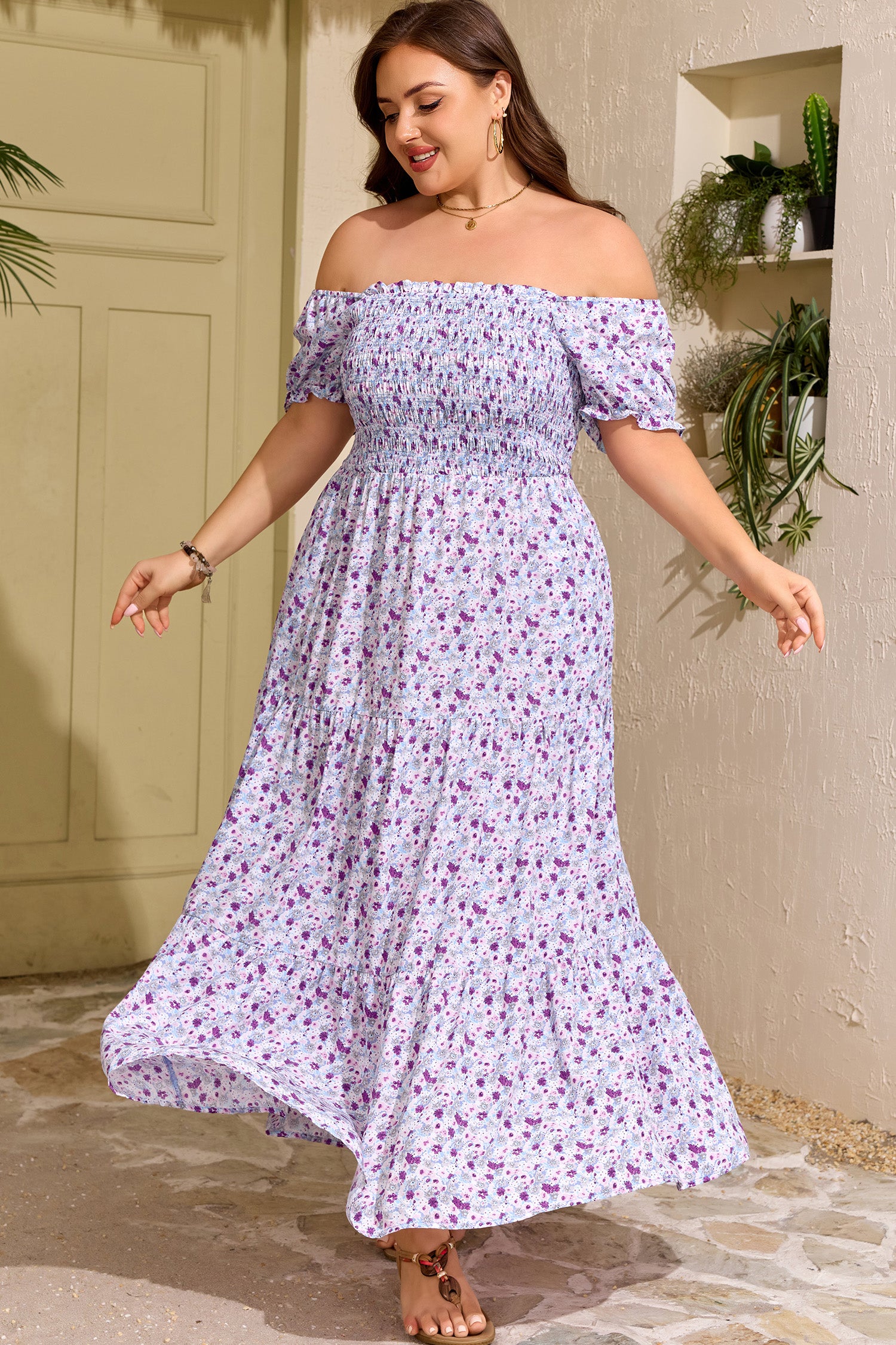 Plus Size Floral Print Square Neck Smocked Maxi Dress - Plus Size XL-4XL - View 6