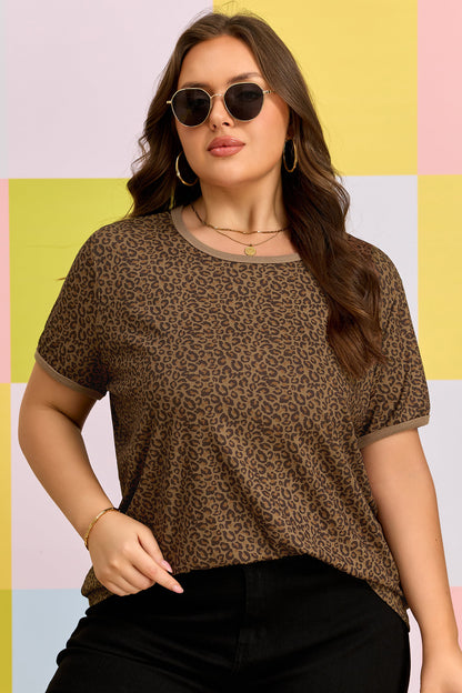Plus Size Leopard Print Ribbed Trim Tee - Plus Size Clothing