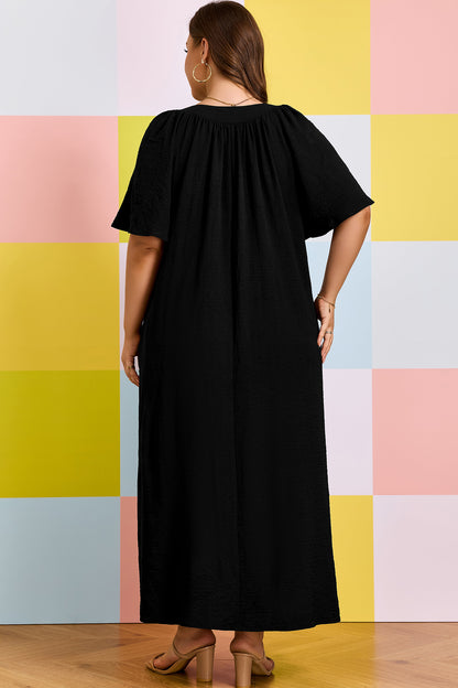 Plus Size Solid Notched Neck Short Sleeve Loose Dress - Plus Size XL-4XL - View 2