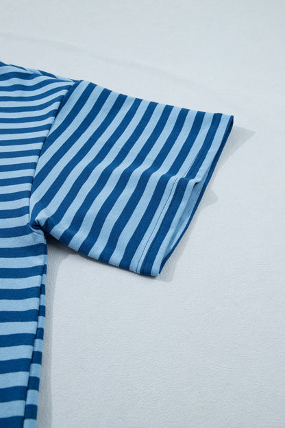 Plus Size Blue Striped Dropped Shoulder Tee and Shorts Set - Plus Size XL-4XL - View 7