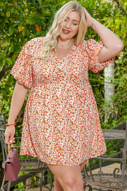 Plus Size Floral Print Puff Sleeves Dress - Plus Size XL-4XL - View 2